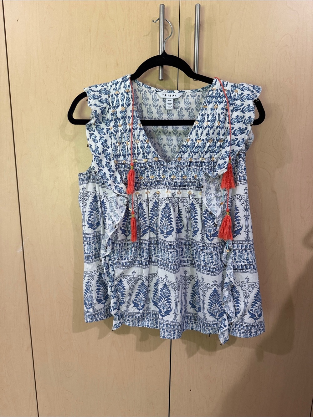 Cottage Tribal Blue & White Printed Tassel Ruffle top